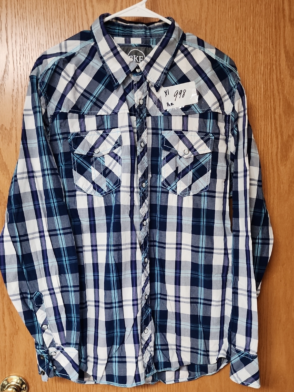 BKE Men's Navy, Light Blue & White Plaid Snap Shirt XL number 998